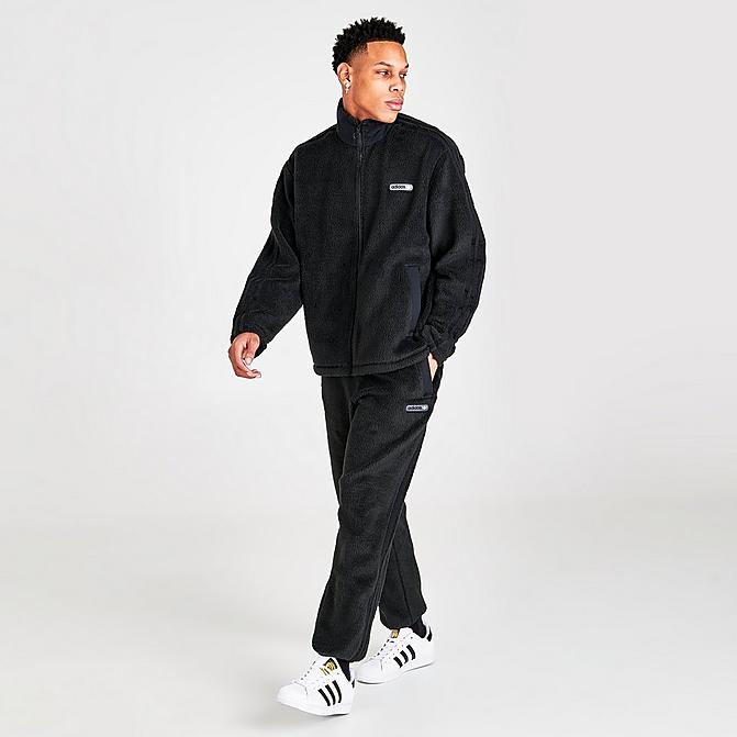 Front view of Men's adidas Originals Three Stripes Sherpa Jogger Pants in Black Click to zoom
