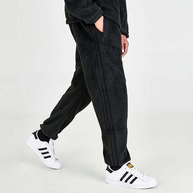 Back Left view of Men's adidas Originals Three Stripes Sherpa Jogger Pants in Black Click to zoom