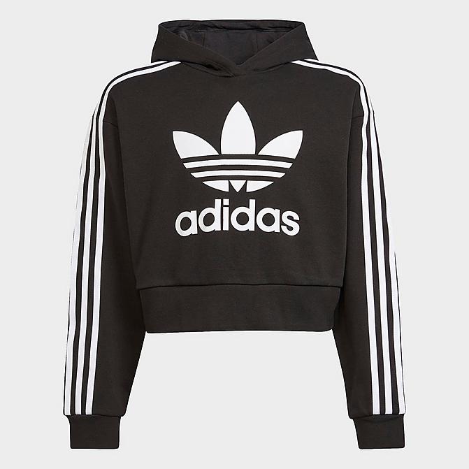 Front view of Girls' adidas Originals Adicolor Cropped Pullover Hoodie in Black/White Click to zoom