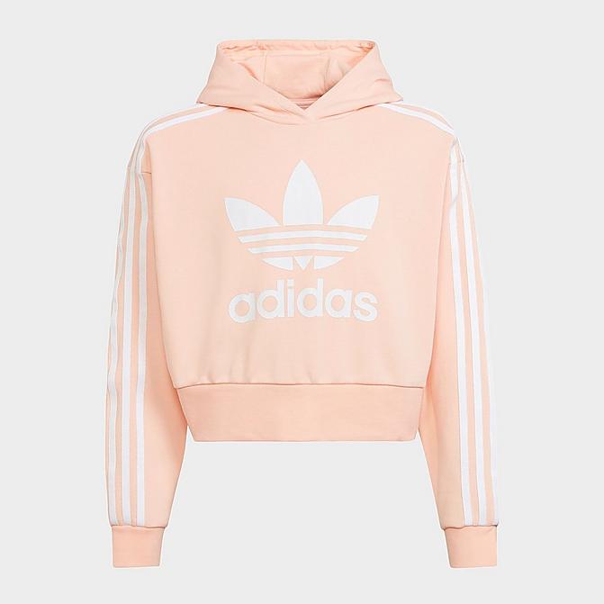 Front view of Girls' adidas Originals Trefoil Cropped Pullover Hoodie in Haze Coral/White Click to zoom
