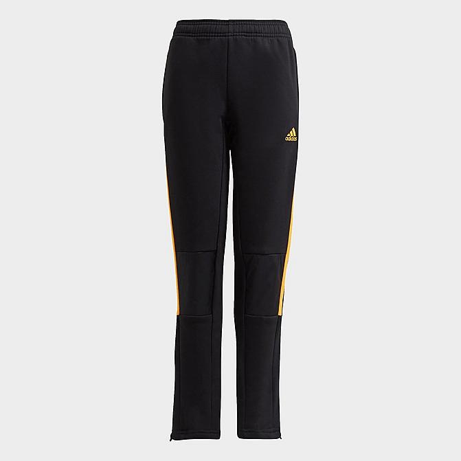Front view of Kids' adidas Tiro Winterized Track Pants in Black/Solar Gold Click to zoom