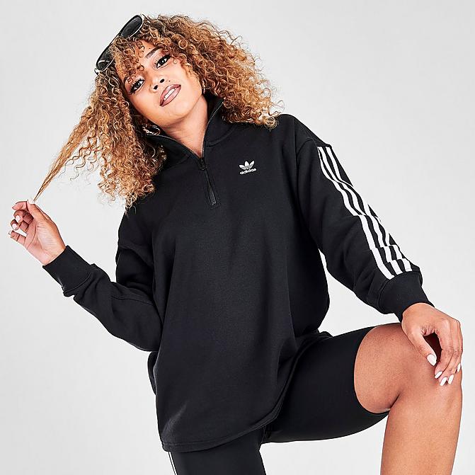 Front view of Women's adidas Originals Adicolor Classics Half-Zip Sweatshirt in Black Click to zoom