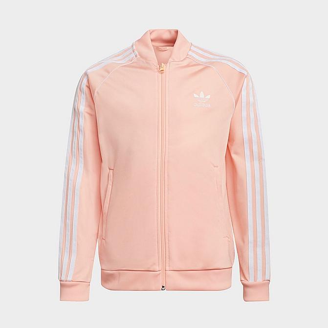 Front view of Girls' adidas Originals SST Track Jacket in Haze Coral/White Click to zoom