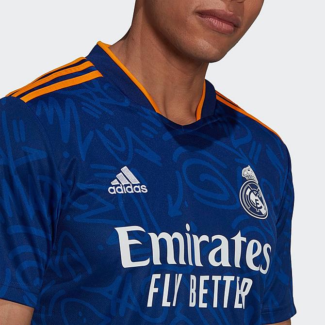 [angle] view of Men's adidas Real Madrid 2021-22 Away Soccer Jersey in Victory Blue Click to zoom