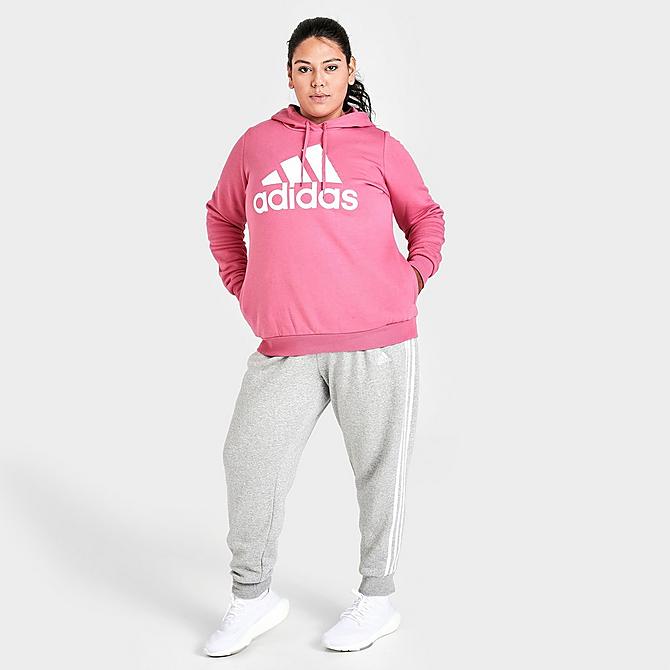 Front Three Quarter view of Women's adidas Essentials Logo Hoodie (Plus Size) in Rose Tone/White Click to zoom