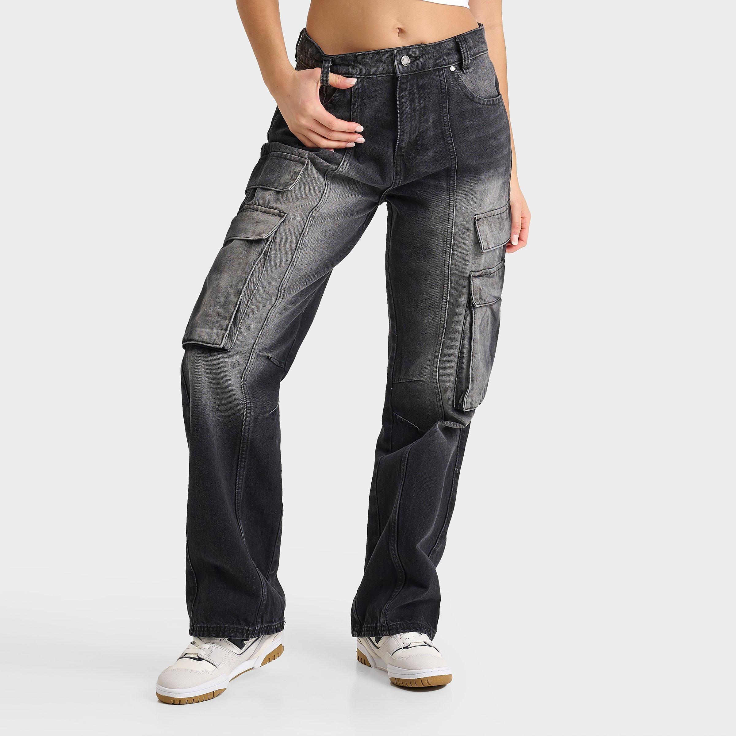 【SCENERITY】Crush Cargo Denim Pants Women's Hoodrich Denim Cargo Relaxed Straight Leg Jeans