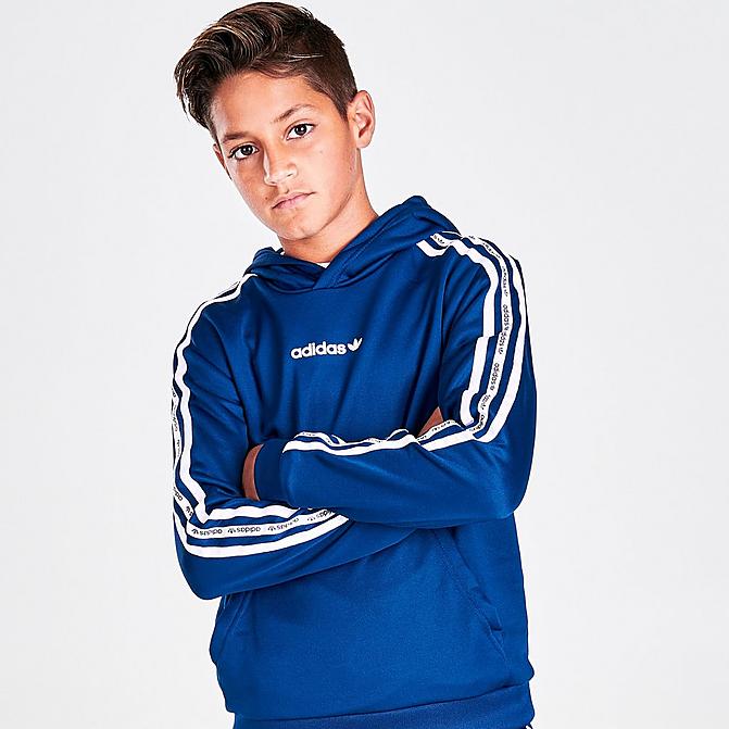 Front view of Kids' adidas Tape Pullover Hoodie in Blue/White Click to zoom