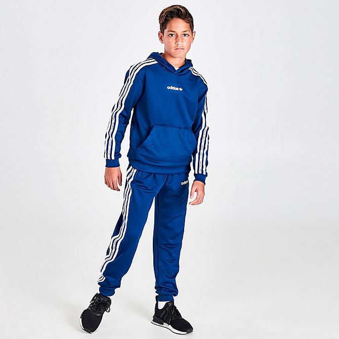 Front Three Quarter view of Kids' adidas Tape Pullover Hoodie in Blue/White Click to zoom