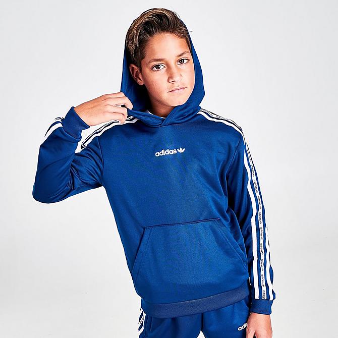 Back Left view of Kids' adidas Tape Pullover Hoodie in Blue/White Click to zoom