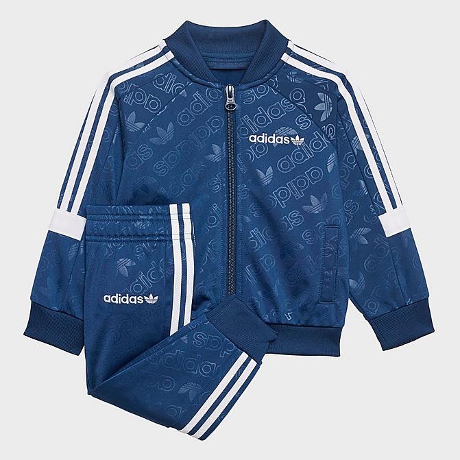 Front view of Boys' Infant and Toddler adidas Originals SST Track Jacket and Pants Set in Mystery Blue Click to zoom