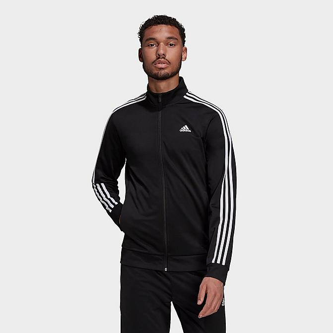 Front view of Men's adidas Primegreen Essentials Warm-Up 3-Stripes Track Jacket in Black/White Click to zoom