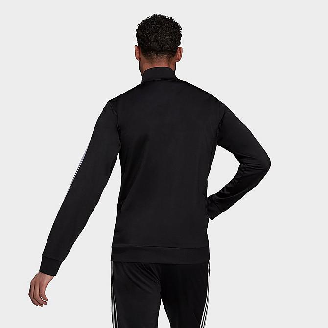 Front Three Quarter view of Men's adidas Primegreen Essentials Warm-Up 3-Stripes Track Jacket in Black/White Click to zoom