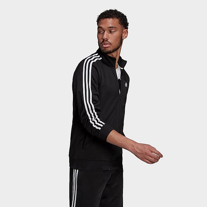 Back Left view of Men's adidas Primegreen Essentials Warm-Up 3-Stripes Track Jacket in Black/White Click to zoom