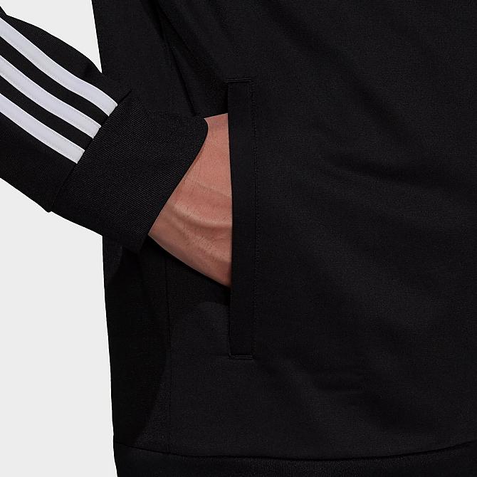 On Model 5 view of Men's adidas Primegreen Essentials Warm-Up 3-Stripes Track Jacket in Black/White Click to zoom