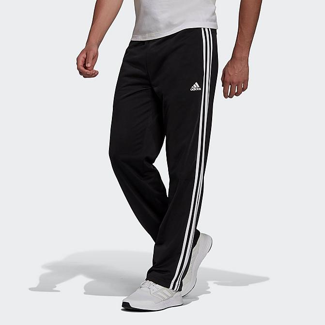 Front view of Men's adidas Warm-Up Tricot Open-Hem 3-Stripe Training Pants in Black/White Click to zoom