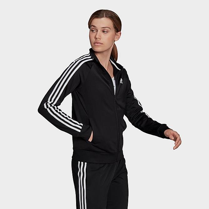Back Left view of Women's adidas Essentials Primegreen Warm-Up Track Jacket in Black Click to zoom