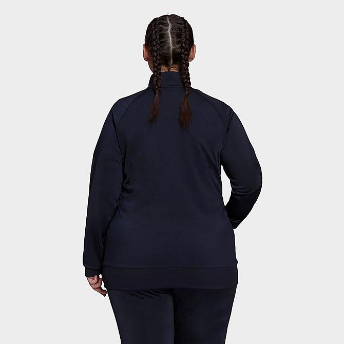 Front Three Quarter view of Women's adidas Essentials Primegreen Warm-Up Track Jacket (Plus Size) in Legend Ink Click to zoom