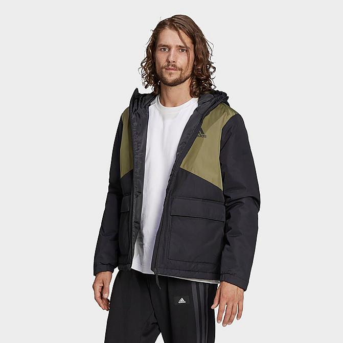 Front view of Men's adidas BSC Sturdy Hooded Jacket in Black/Focus Olive Click to zoom