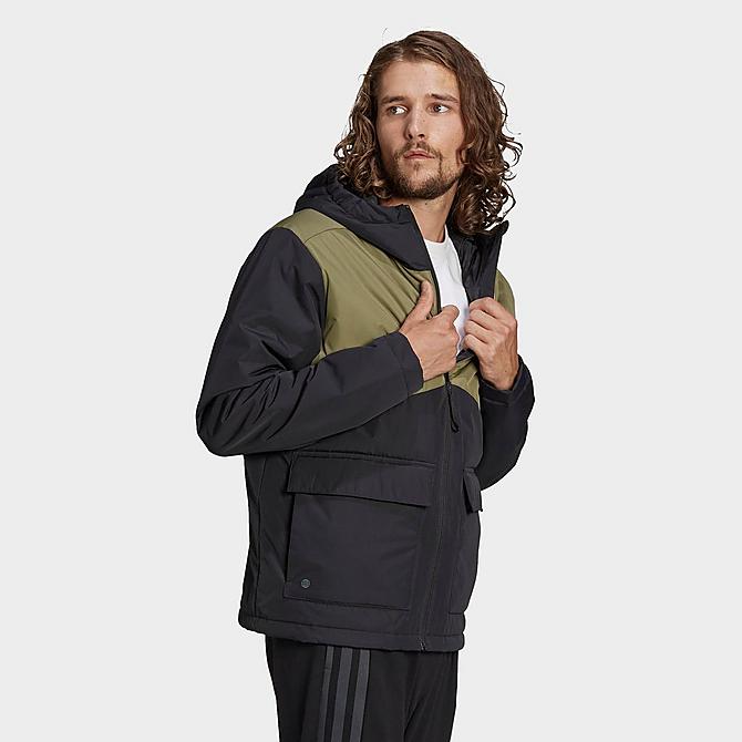 Front Three Quarter view of Men's adidas BSC Sturdy Hooded Jacket in Black/Focus Olive Click to zoom