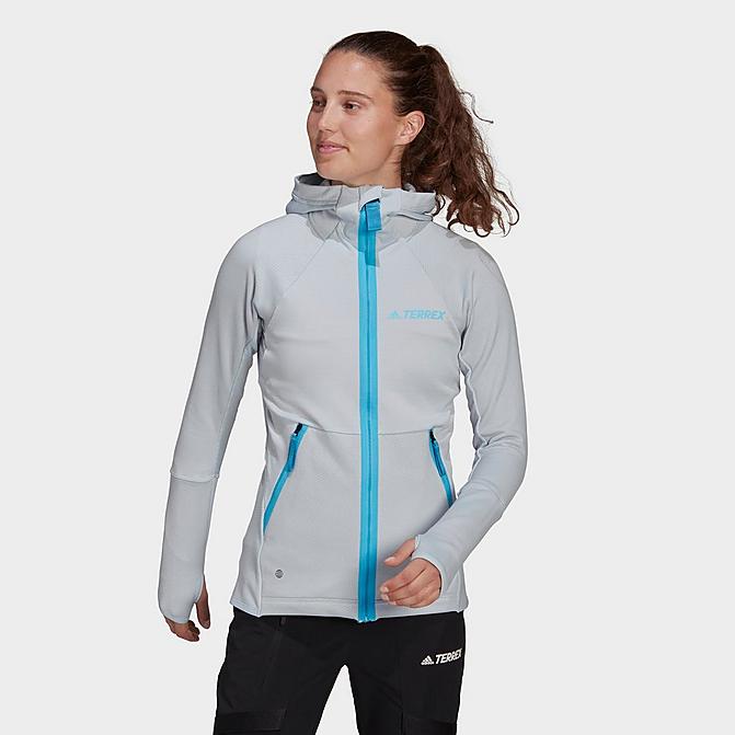 Front view of Women's adidas Terrex Tech Fleece Hooded Hiking Fleece Jacket in Halo Blue Click to zoom