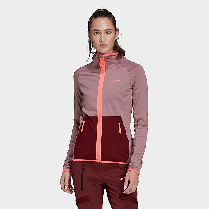 Front view of Women's adidas Terrex Tech Flooce Light Hooded Hiking Jacket in Magic Mauve/Shadow Red Click to zoom