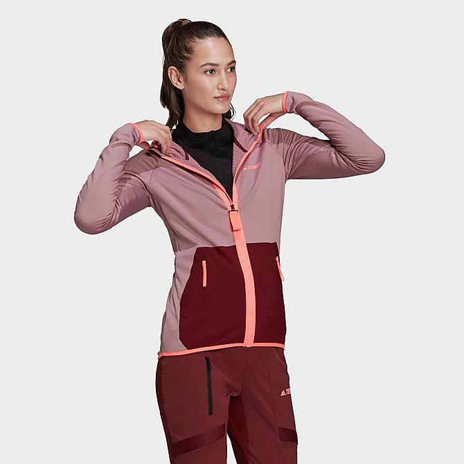 Front Three Quarter view of Women's adidas Terrex Tech Flooce Light Hooded Hiking Jacket in Magic Mauve/Shadow Red Click to zoom