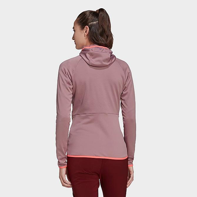 Back Left view of Women's adidas Terrex Tech Flooce Light Hooded Hiking Jacket in Magic Mauve/Shadow Red Click to zoom