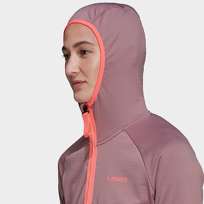 Back Right view of Women's adidas Terrex Tech Flooce Light Hooded Hiking Jacket in Magic Mauve/Shadow Red Click to zoom