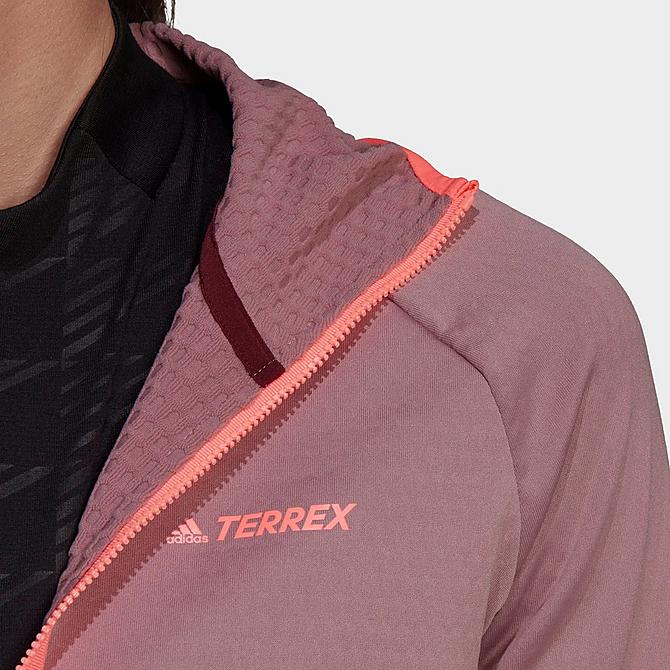 On Model 5 view of Women's adidas Terrex Tech Flooce Light Hooded Hiking Jacket in Magic Mauve/Shadow Red Click to zoom