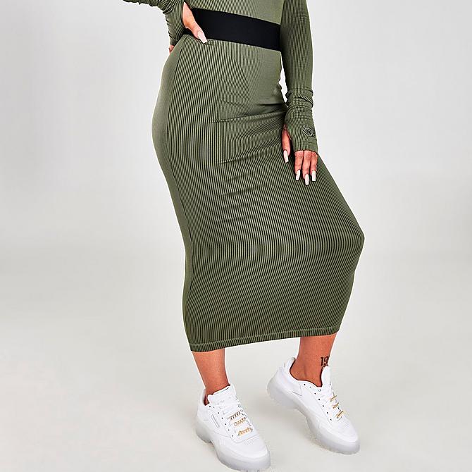 Front Three Quarter view of Women's Reebok Cardi B Rib Skirt in Olive Click to zoom