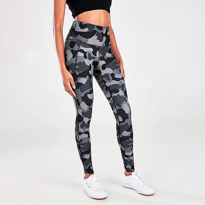 Back Left view of Women's Reebok Camo Lux Bold High-Rise Training Leggings in Black Click to zoom