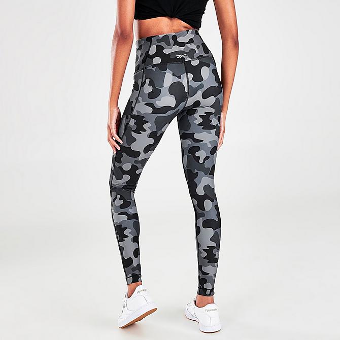 Back Right view of Women's Reebok Camo Lux Bold High-Rise Training Leggings in Black Click to zoom