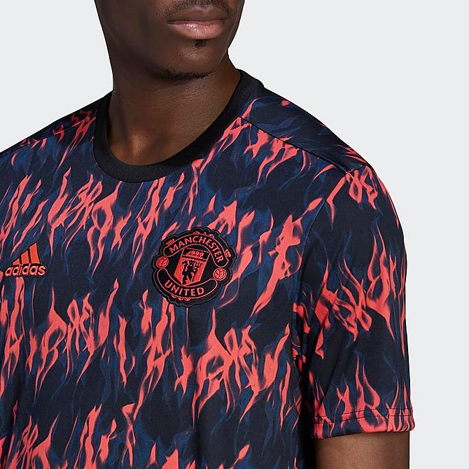 [angle] view of Men's adidas Manchester United All-Over Print Pre-Match Jersey in Black/Shock Red Click to zoom
