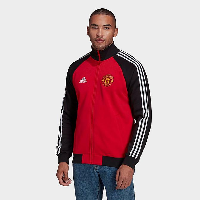 [angle] view of Men's adidas Manchester United Tiro 21 Anthem Jacket in Real Red/Black Click to zoom