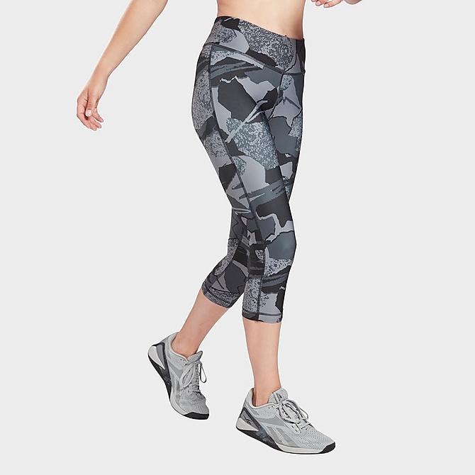 Front Three Quarter view of Women's Reebok Workout Ready Printed Capri Training Tights in Night Black Click to zoom