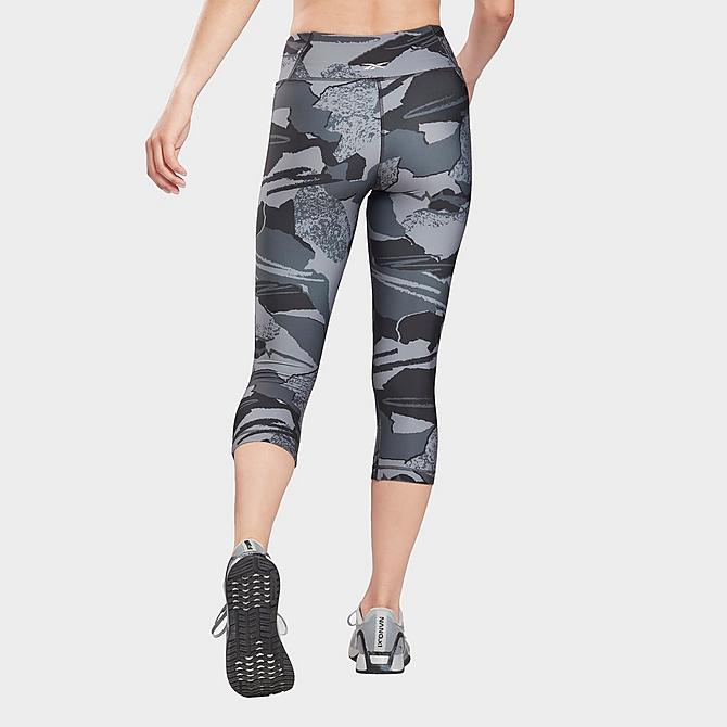 Back Left view of Women's Reebok Workout Ready Printed Capri Training Tights in Night Black Click to zoom