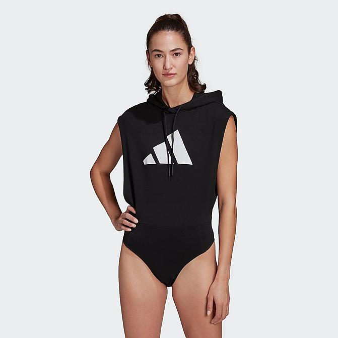 Front view of Women's adidas Sportswear Future Icons Logo Graphic Sleeveless Leotard in Black Click to zoom
