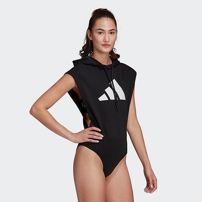 Back Left view of Women's adidas Sportswear Future Icons Logo Graphic Sleeveless Leotard in Black Click to zoom