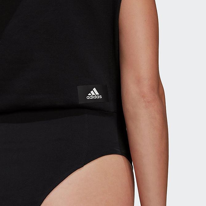 On Model 5 view of Women's adidas Sportswear Future Icons Logo Graphic Sleeveless Leotard in Black Click to zoom