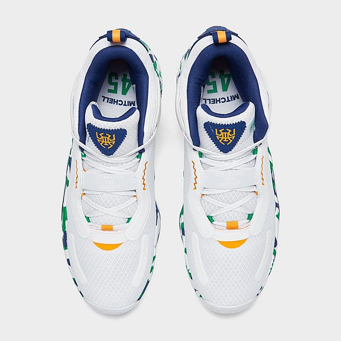 Back view of adidas D.O.N. Issue #3 Basketball Shoes in White/Team Navy Blue/Team Green Click to zoom