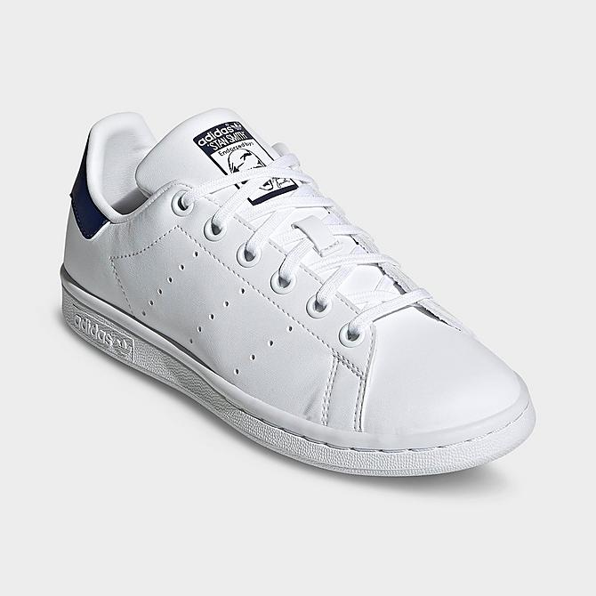 Three Quarter view of Big Kids' adidas Originals Stan Smith Casual Shoes in White/White/Dark Blue Click to zoom
