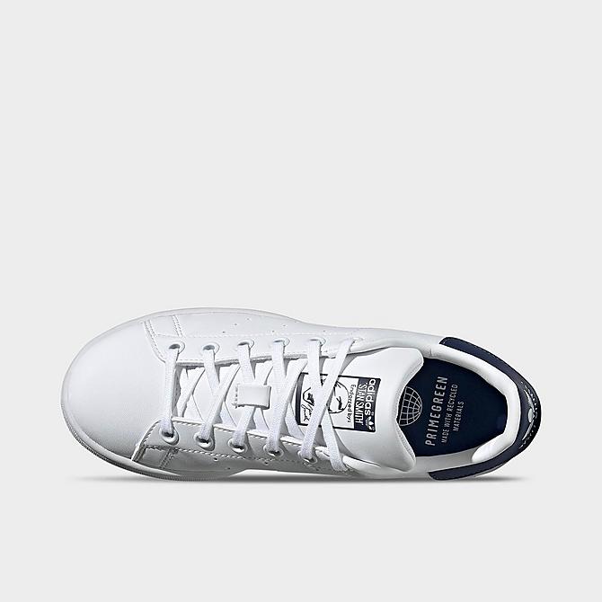 Back view of Big Kids' adidas Originals Stan Smith Casual Shoes in White/White/Dark Blue Click to zoom