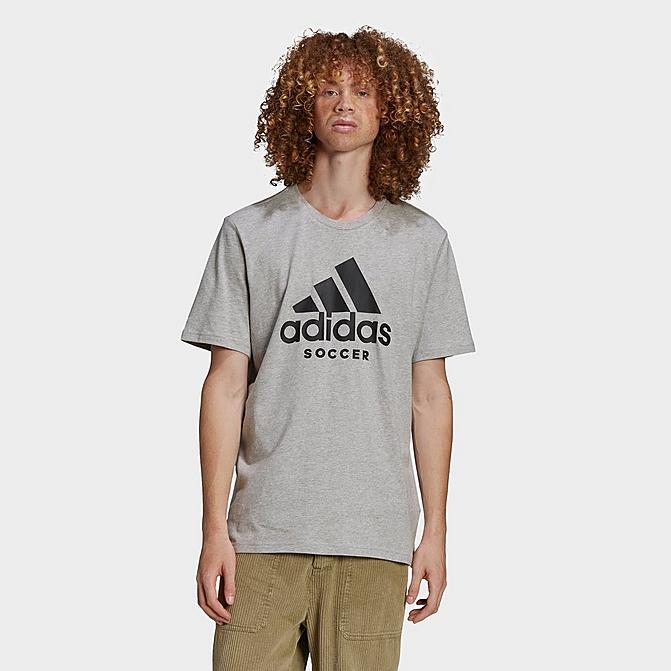 Front view of Men's adidas Soccer Logo Short-Sleeve T-Shirt in Medium Grey Heather Click to zoom