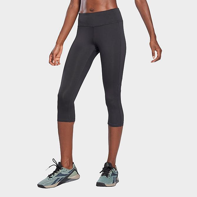 Front Three Quarter view of Women's Reebok Workout Ready Mesh Capri Training Tights in Night Black Click to zoom