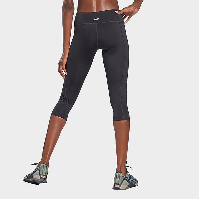 Back Left view of Women's Reebok Workout Ready Mesh Capri Training Tights in Night Black Click to zoom