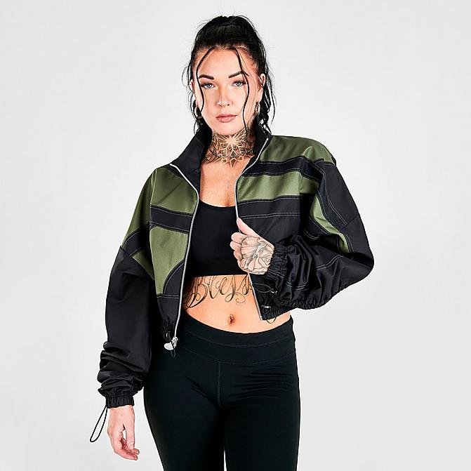 Front view of Women's Reebok Cardi B Woven Satin Jacket in Black/Hunter Green Click to zoom