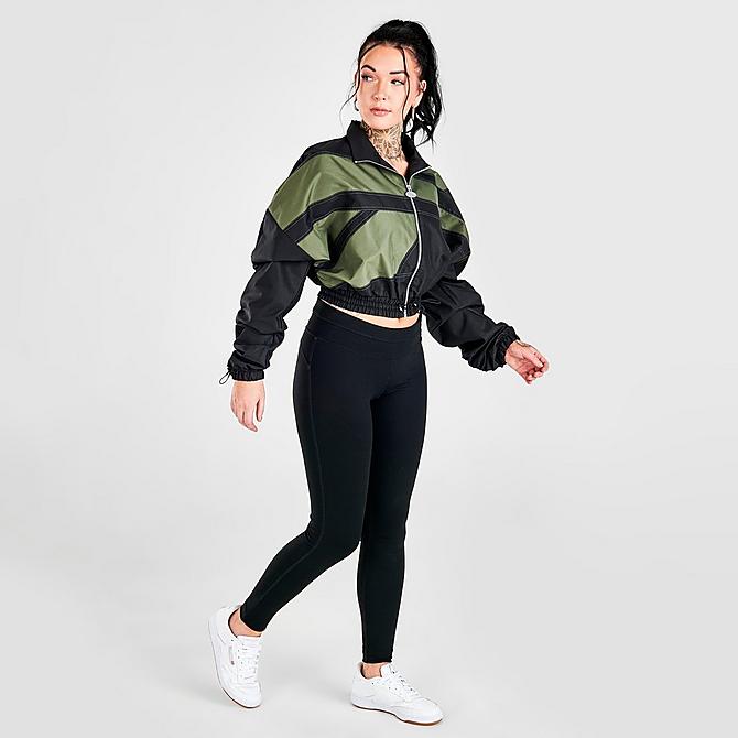 Front Three Quarter view of Women's Reebok Cardi B Woven Satin Jacket in Black/Hunter Green Click to zoom