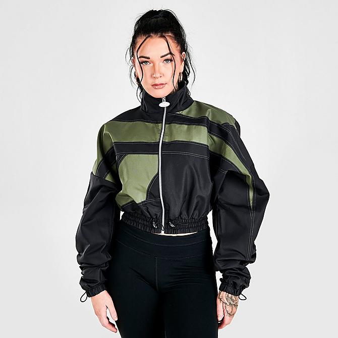 Back Left view of Women's Reebok Cardi B Woven Satin Jacket in Black/Hunter Green Click to zoom