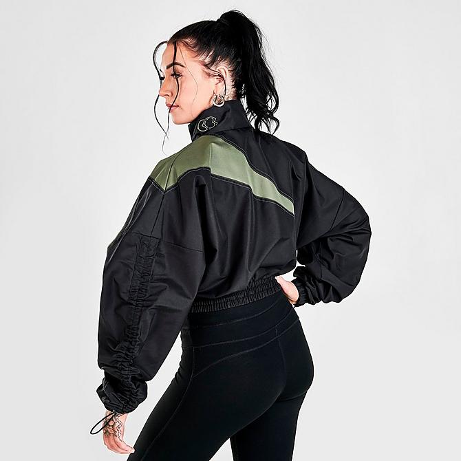 Back Right view of Women's Reebok Cardi B Woven Satin Jacket in Black/Hunter Green Click to zoom