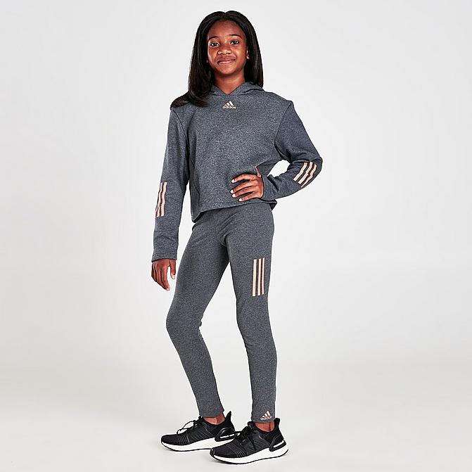 Front view of Girls' adidas Crop Hoodie and Leggings Set in Dark Grey Heather/Peach Click to zoom